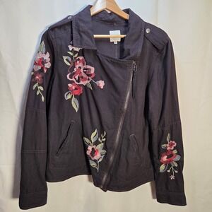Kensie Jeans Women's Embroidered Floral Zip Up Moto Jacket Bohemian Large